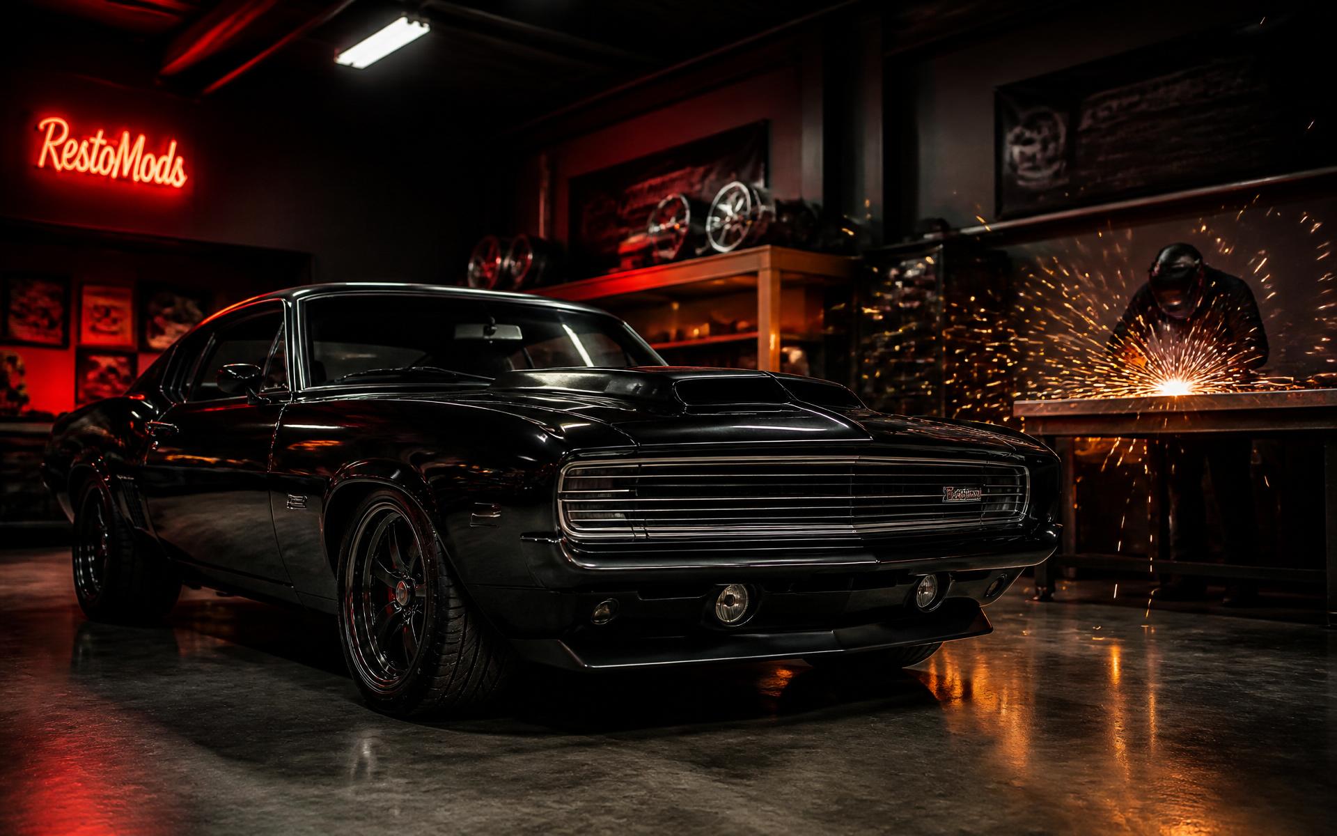 Muscle car in the E.M & Sons shop
